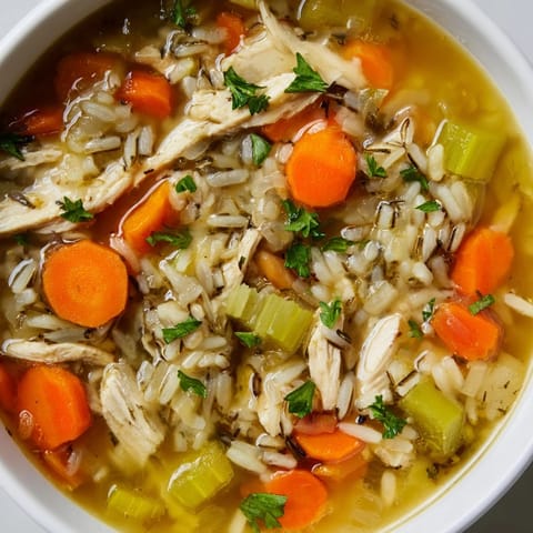 Close-up of a flavorful Quick Chicken and Wild Rice Soup with tender chicken pieces and creamy broth.