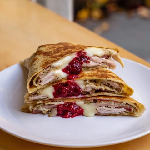 Melted cheese brimming from a folded turkey, stuffing & cranberry leftovers tortilla hack, ready to eat.
