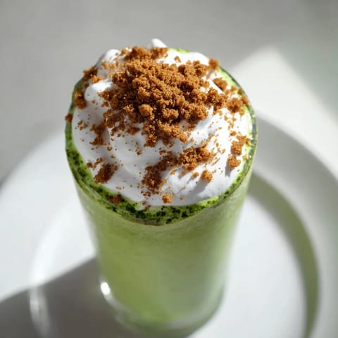 Frothy Sugar-Free Gingerbread Cookie Matcha Frappe topped with whipped cream, ready to enjoy.