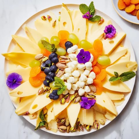 Beautiful and colorful Daffodil Cheese Board with a variety of cheeses, nuts, and fresh berries.