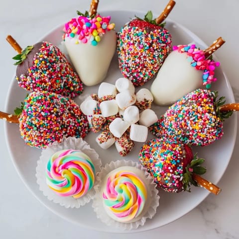 A visually stunning Rainbow Sprinkle Party Board overflowing with chocolate dipped goodies and fresh fruit.