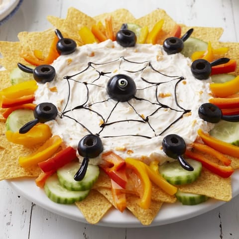 Creepy Crawly Spiderweb Platter, a festive, creamy dip decorated with black olive spiders and veggies.