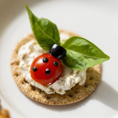 Bright red Ladybug Love Picnic Finger Foods with balsamic glaze spots and olive heads arranged on a platter.