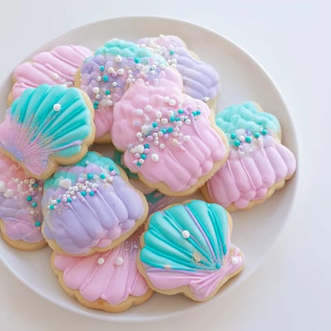 These beautiful seashell sweets feature shimmering icing and pearl sprinkles, visually stunning and tasty treats.