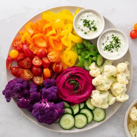 This vibrant image shows a delicious rainbow vegetable dips arrangement with creamy dips for sharing.