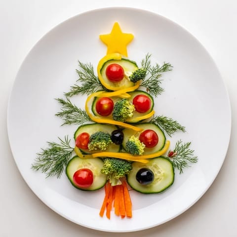 Festive Tree Cucumber Tomato Platter with vibrant tomatoes and cucumbers, ready to be enjoyed as a refreshing appetizer.