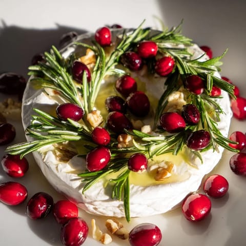 A gorgeous Brie cheese wheel, beautifully decorated with a fragrant rosemary wreath, ready to serve.