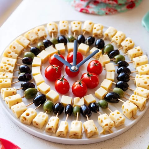 Festive New Years Clock Countdown appetizer platter, featuring olives and a cheese countdown, perfect for your party.