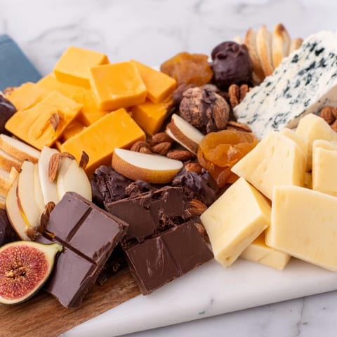 A rustic Fireside Comfort & Cocoa platter piled high with cheeses, chocolates, and fruits.