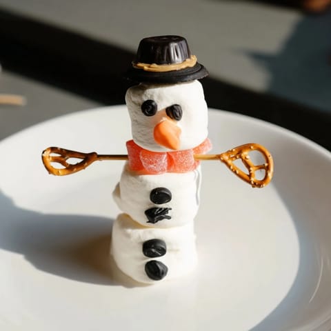 Fun, festive marshmallow snowman stick arrangement: sweet treats decorated for kids’ parties or winter celebrations.