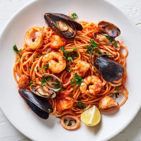 A plate of flavorful Seafood Marinara Pasta, with perfectly cooked spaghetti and tender scallops.