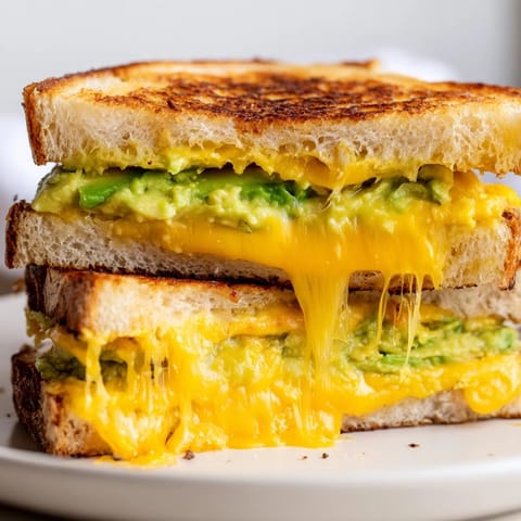 A close-up shot of the avocado toast grilled cheese, showcasing the gooey cheese pull and toasted bread.