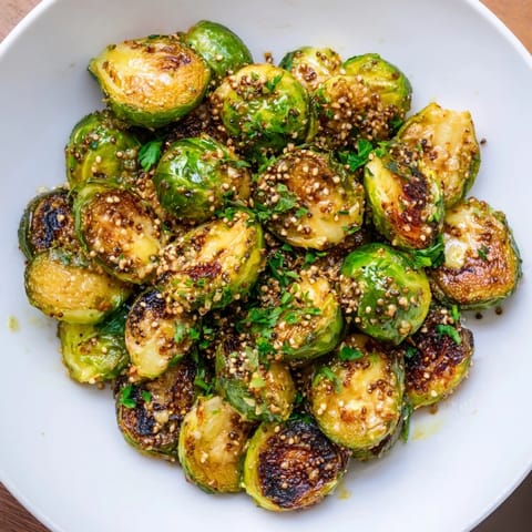 Perfectly roasted Honey Mustard Glazed Brussels Sprouts offering a sweet and tangy flavor, sprinkled with fresh parsley.
