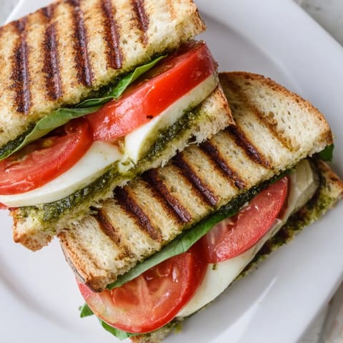 Sizzling Mediterranean Veggie Panini Press Innovations with grilled eggplant and zucchini, served on rustic focaccia with hummus.