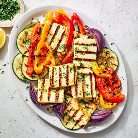 Grilled halloumi cheese steak with charred vegetables and halved cherry tomatoes, a savory Mediterranean main course.  