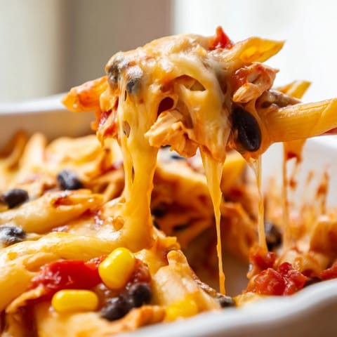 Savory Chicken Burrito Pasta Bake steams from a ceramic dish, garnished with cilantro and lime.  