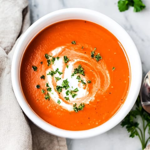 Vibrant roasted red pepper soup in a rustic bowl, topped with fresh herbs and a dollop of yogurt, served with artisan bread for dipping.  