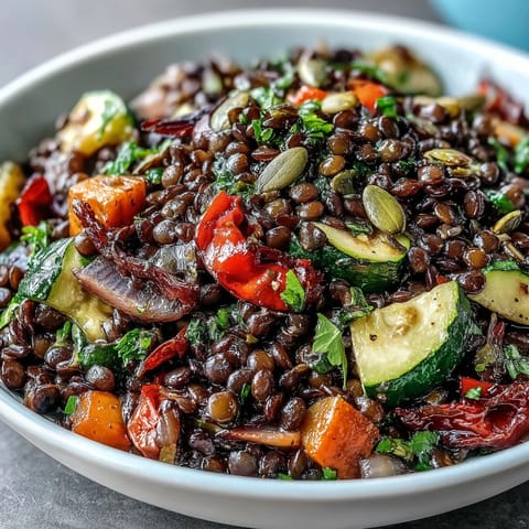 Black lentil salad tossed with roasted zucchini, red bell pepper, and a zesty lemon dressing, ready to serve.