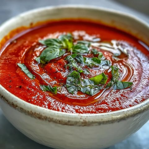 A bowl of vibrant Tomato and Basil Soup, garnished with fresh basil and a swirl of olive oil next to crusty bread.