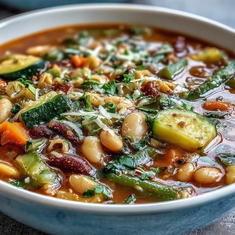 This comforting Minestrone Vegetable Soup is garnished with fresh parsley and Parmesan, served alongside crusty Italian bread for dipping.