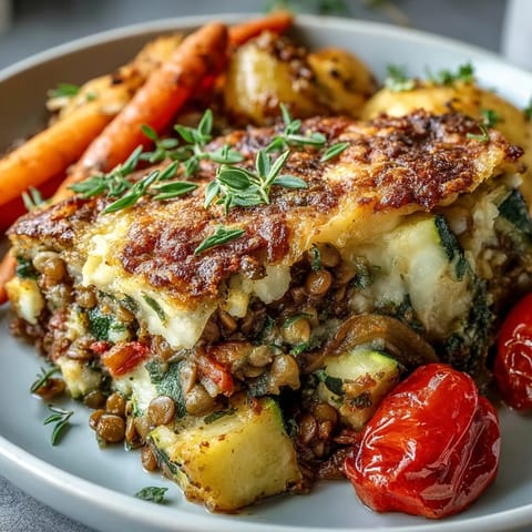 Freshly baked Green Lentil and Vegetable Casserole with roasted carrots and zucchini topped with breadcrumbs.