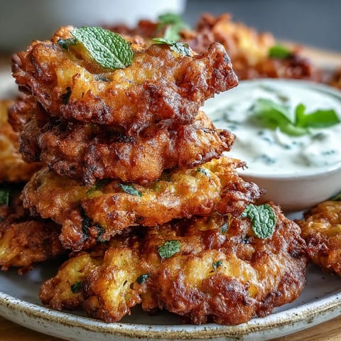 Golden, crispy Cauliflower Bhajis fritters stacked high, sprinkled with fresh cilantro and ready to dip into creamy yogurt sauce.
