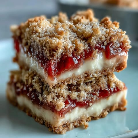 Freshly baked Rhubarb and Custard Crumble bars sit on a white plate, showcasing a buttery oat topping and spring dessert appeal.