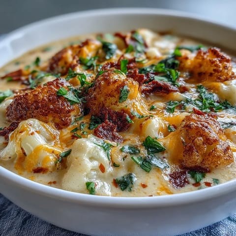 A hearty bowl of Vegetarian Cauliflower Chowder with crusty bread for dipping, perfect for chilly evenings.