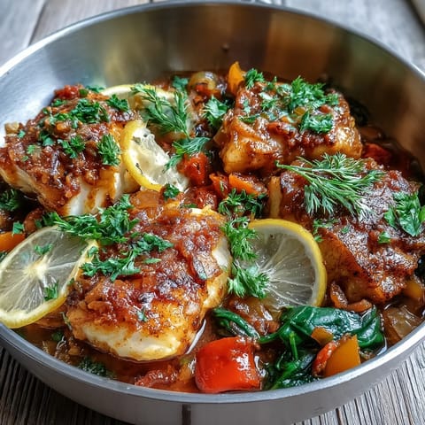 Top-down view of Spiced Cod One Pot, with flaky fish nestled in a vibrant, chunky tomato vegetable sauce.