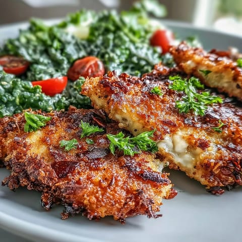 Golden almond-crusted chicken breast served with lemony kale and toasted almonds on the side.