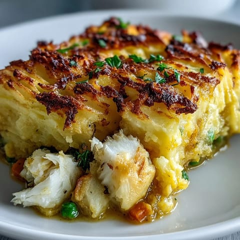 A spoon serves creamy curried fish pie onto a plate next to a simple green salad.