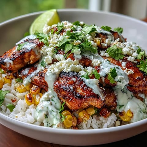 Street Corn Chicken and Rice Bowls feature tender chicken thighs, cotija cheese, cilantro, and fresh lime wedges on a bed of rice.