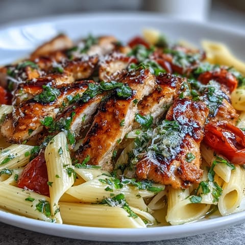 Summery Bruschetta Chicken Pasta served in a white bowl, garnished with fresh basil, Parmesan, and a balsamic drizzle.