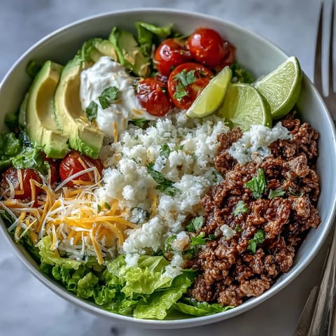 Aerial view of a Low Carb Burrito Bowl with creamy avocado, juicy tomatoes, and a dollop of sour cream.