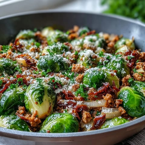 Golden brown Brussels sprouts and seasoned ground turkey mingle with garlic and paprika in this wholesome skillet dinner.
