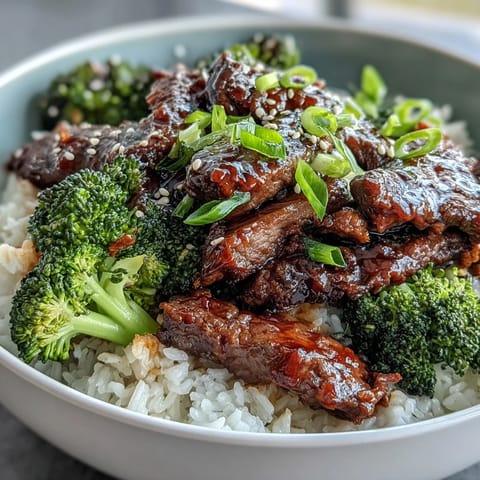 Beef and Broccoli Bowl served in a rustic ceramic bowl, featuring tender beef strips and steamed broccoli florets on a bed of jasmine rice.