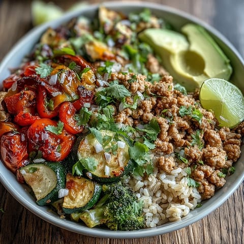 Golden-brown seasoned ground turkey and colorful roasted vegetables over fluffy brown rice in a white bowl with fresh cilantro and avocado slices.