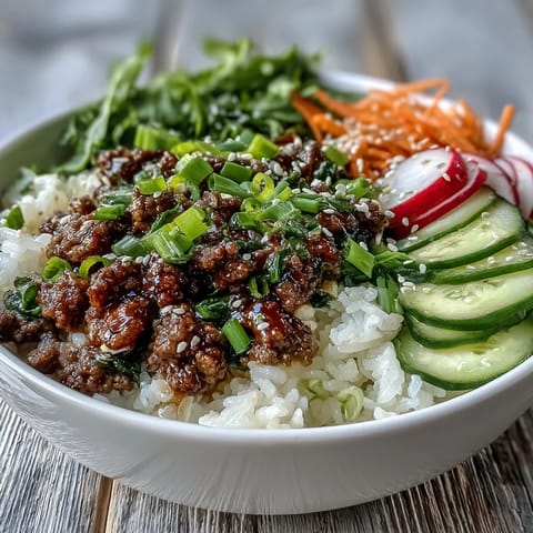 Overhead shot of a Korean Ground Beef Bowl featuring seasoned ground beef on jasmine rice, topped with quick pickled vegetables and fresh green onions.