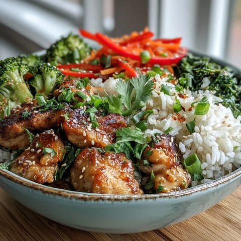 A finished Chicken and Rice Bowl garnished with green onions and sesame seeds, served as a wholesome dinner.