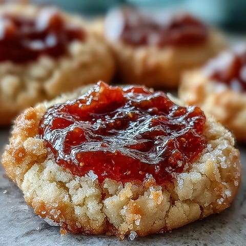 Freshly baked Guava Jam Thumbprint Cookies stacked on a cooling rack, their buttery edges perfectly crisp.