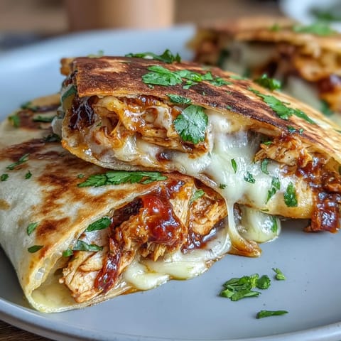 Golden-crisp Hot Honey BBQ Chicken Quesadillas with melted cheddar and mozzarella, served with guacamole and sour cream.