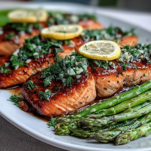 Tender Marry Me Salmon topped with aromatic garlic and fresh dill, ready to serve with roasted asparagus.