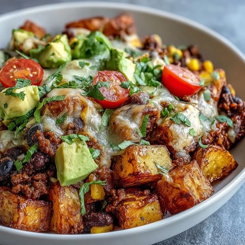 A hearty Loaded Potato Taco Bowl with black beans, corn, tomatoes, and cilantro, served with a dollop of sour cream.