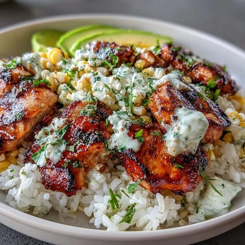 Colorful Street Corn Chicken Rice Bowl with sliced avocado, fresh cilantro, and crumbled Cotija cheese served alongside zesty lime wedges.