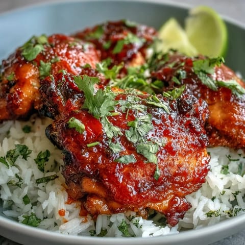 Perfectly baked Spicy Maple Chicken with a sticky sriracha-maple sauce alongside aromatic coconut rice.