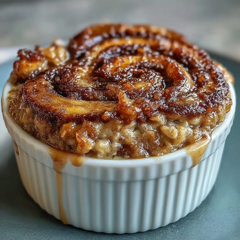 Topped with banana slices and a dollop of yogurt, this single-serve Cinnamon Swirl Protein Banana Baked Oats looks inviting.