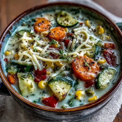 A spoon lifts melted cheese from a bowl of Creamy Garlic Parmesan Veggie Soup beside crusty bread.