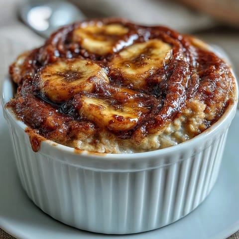 Freshly baked Cinnamon Swirl Protein Banana Baked Oats in a ceramic ramekin, topped with banana slices and walnuts, fresh out of the oven. 