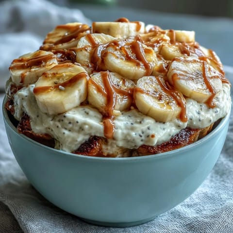 Golden-brown High-Protein Breakfast Pizza Bowl fresh from the oven, topped with creamy Greek yogurt, peanut butter drizzle, and fresh banana slices.