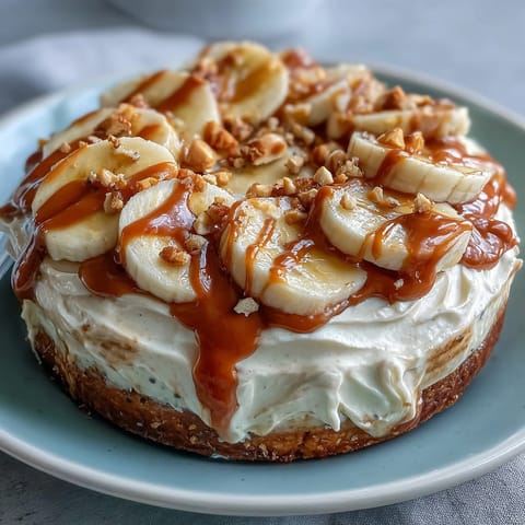 Sliced bananas and a rich peanut butter drizzle adorn a warm, baked protein pancake base in this High-Protein Breakfast Pizza Bowl.
